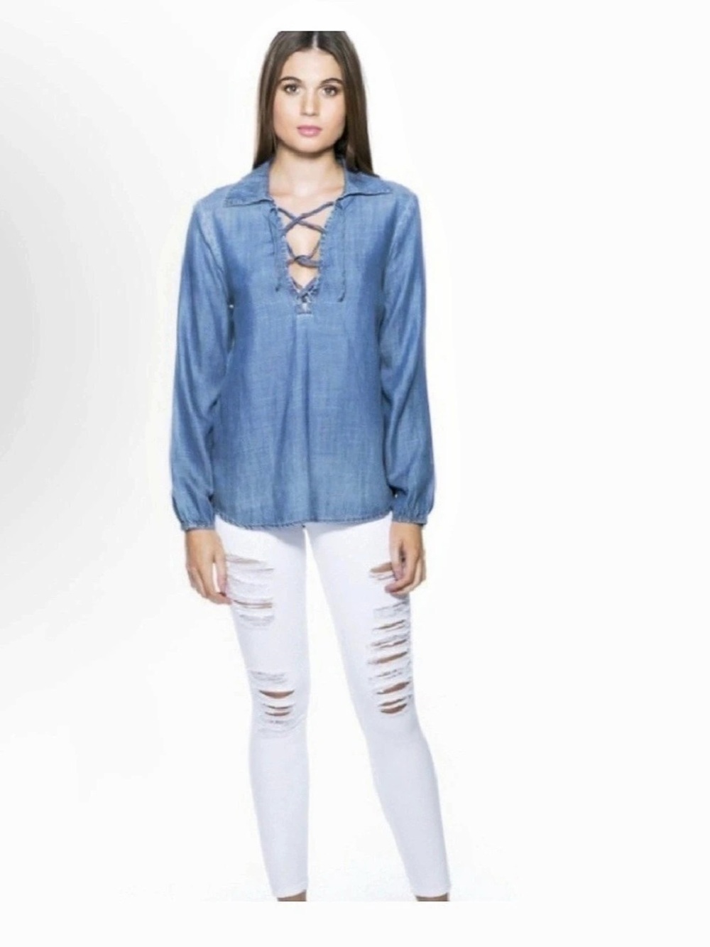 FRAME Lace Up Blouse Women's Blue Denim Blouse Size XS, NWOT